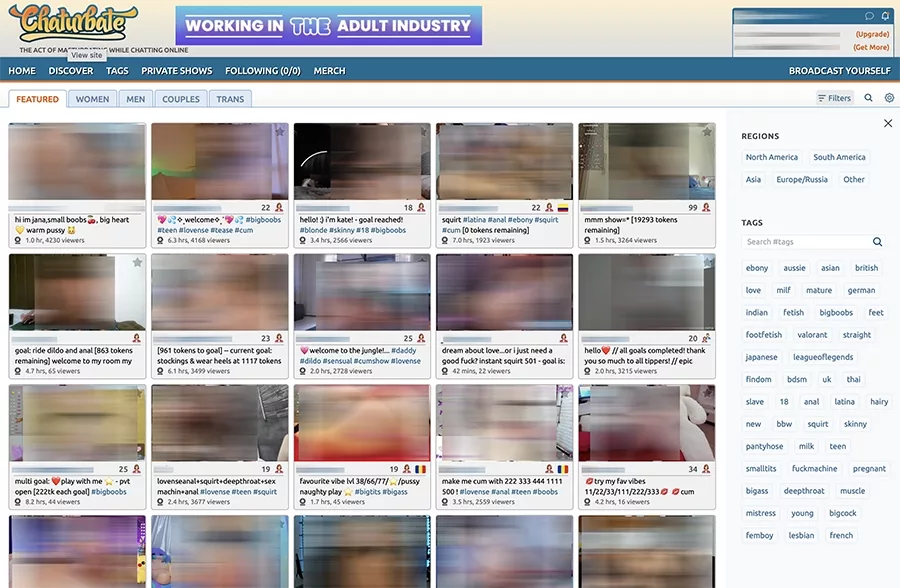 Chaturbate homepage layout